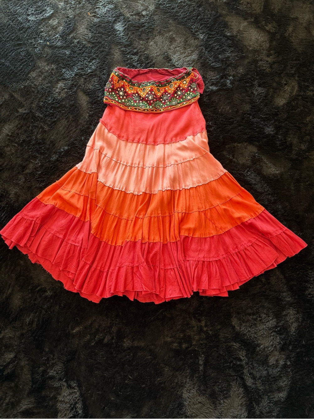 Stunning Tiered Ruffled Coral to Pink Maxi Skirt with Embroidered Waistband